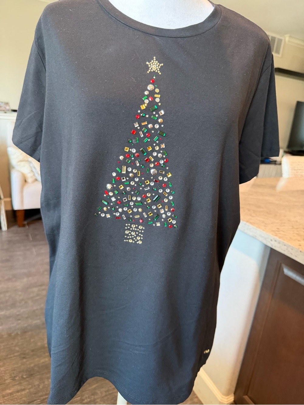 Guess Black Tee with Jeweled Christmas Tree